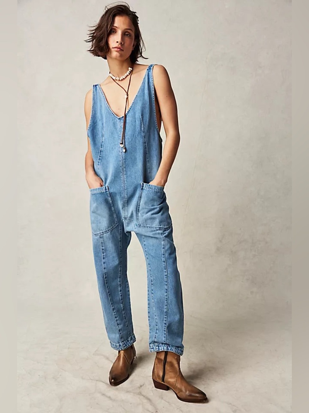 Free People We The Free High Roller Denim Jumpsuit Barrel Leg